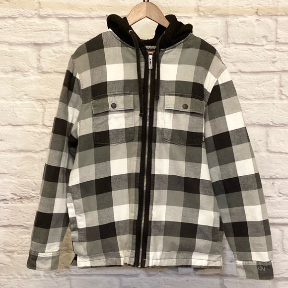Vans Large Mens Plaid Hooded Jacket Full Zip Quilted Lined Pockets Black Gray - Picture 1 of 12